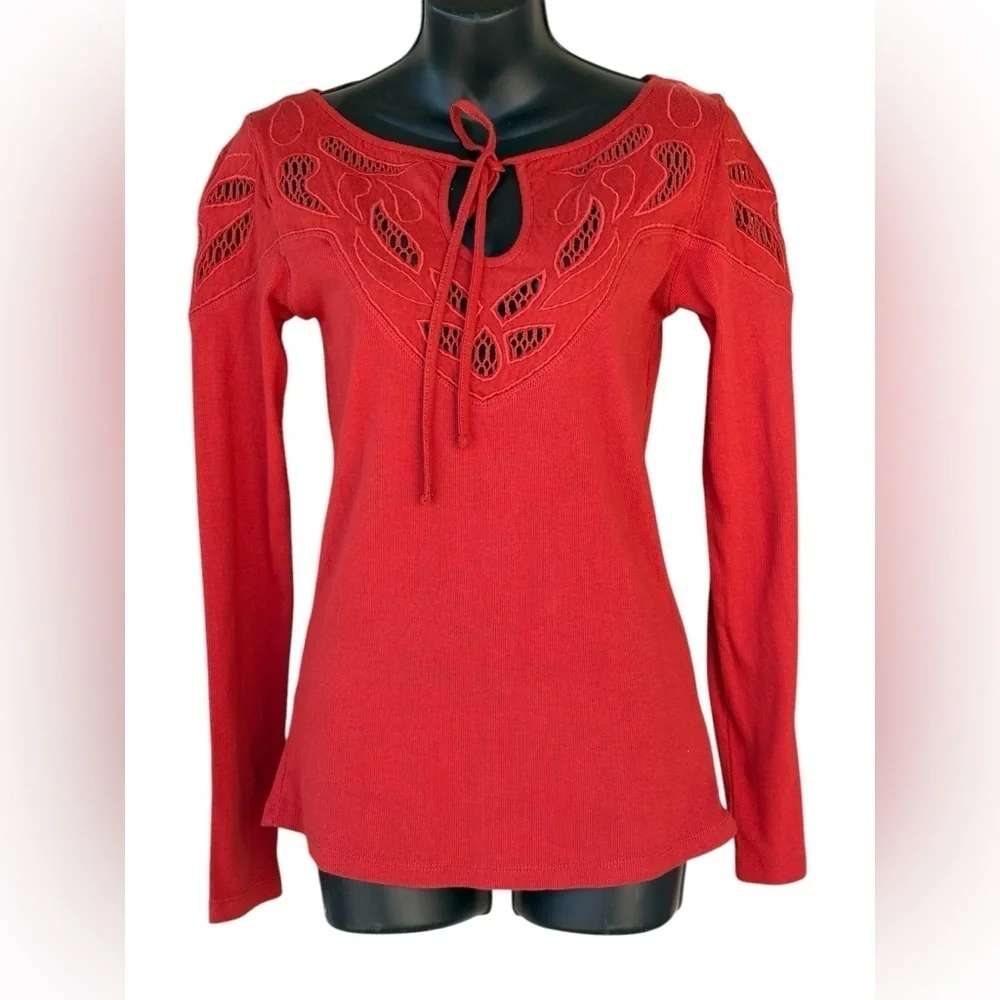 Free People womens Red/Orange crochet Embroidered Yoke Stretch Cotton tee top
